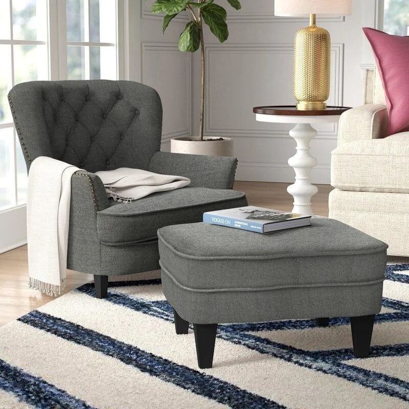 Wide Tufted Armchair and Ottoman