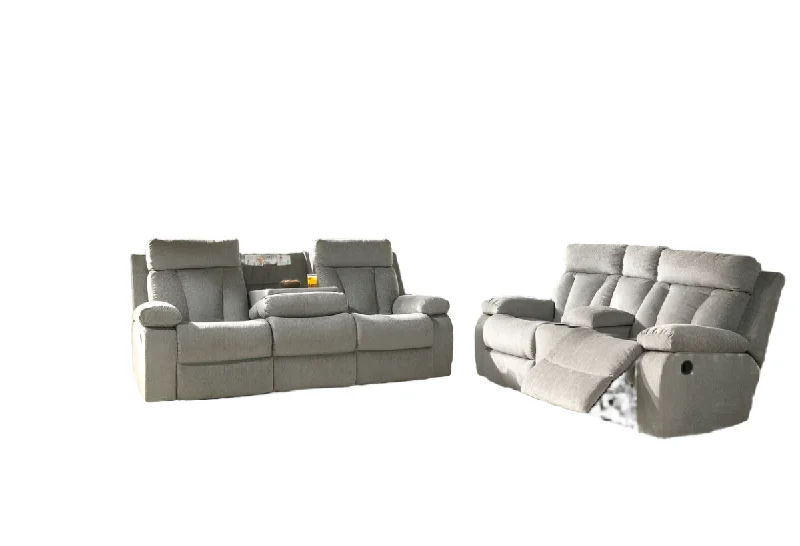 Mitchiner Fog Reclining Sofa with Drop Down Table and Loveseat with Console