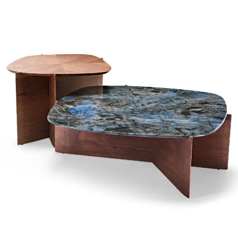 41" Walnut & Blue Jade Marble Irregular Coffee Table with Side Table Set