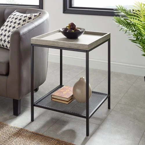 Emma Square Tray Side Table with Mesh Metal Shelf