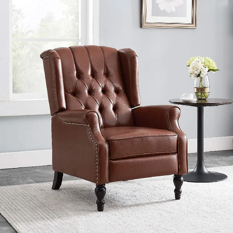 Contemporary Wide Tufted Recyliner Wooden Chair , Cognac Brown, Dark Brown