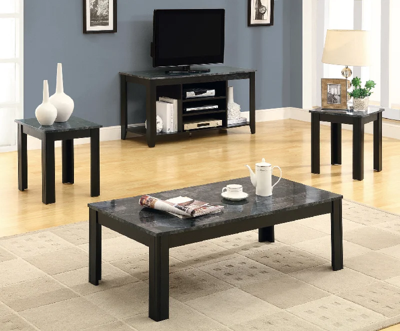 Monarch Table Set - 3Pcs Set - Black - Grey Marble-Look Top