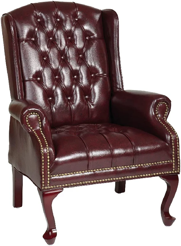 Tufted High Back Traditional Queen Anne Style Chair with Nailhead Accents and Mahogany Finish Legs