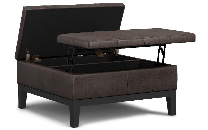 Dover Lift Top Coffee Table Storage Ottoman in Distressed Vegan Leather