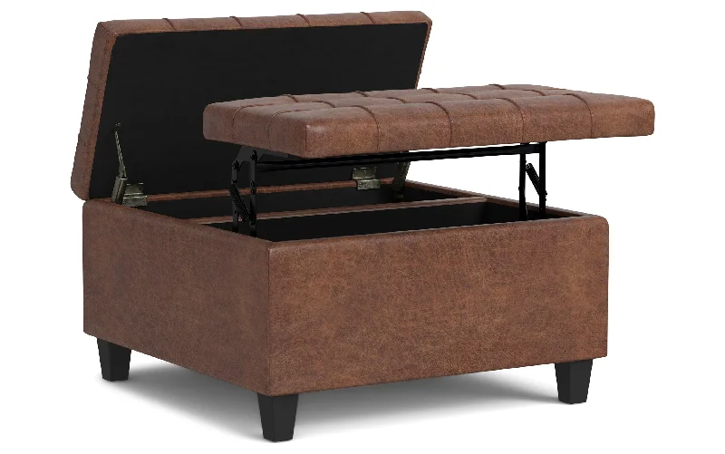 Harrison Small Square Coffee Table Storage Ottoman in Distressed Vegan Leather