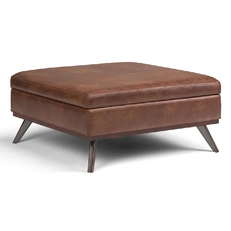 Owen XL Square Coffee Table Storage Ottoman in Distressed Vegan Leather