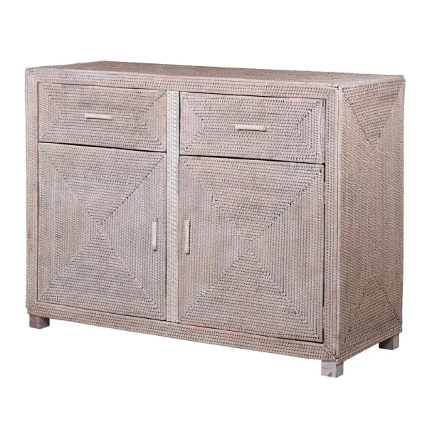 White Wash Rattan Two Drawer Two Door Chest