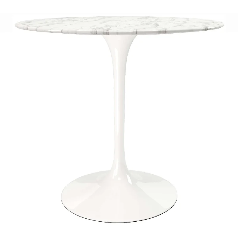 32" White Rounded Marble And Metal Pedestal Base Dining Table