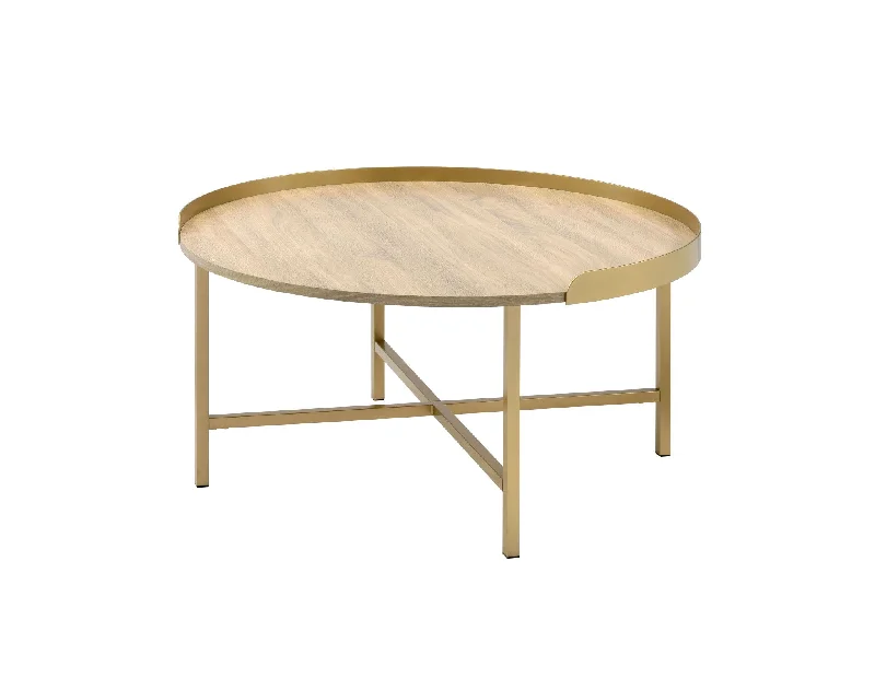 34" Gold And Oak Manufactured Wood And Metal Round Coffee Table