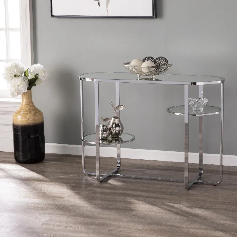 42" Clear and Silver Mirrored Glass Oval Frame Console Table With Shelves