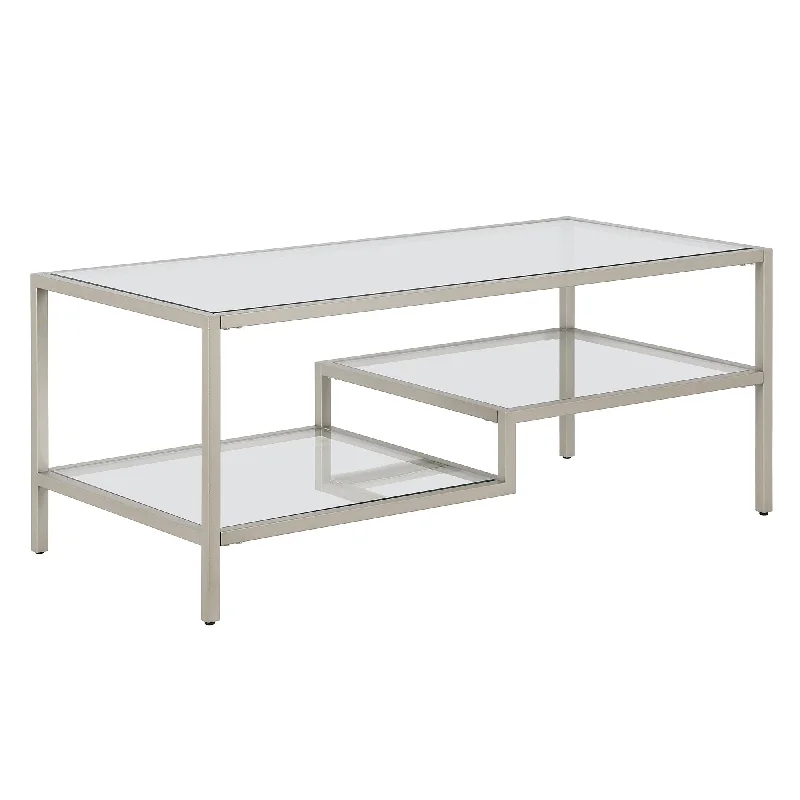 45" Silver Glass And Steel Coffee Table With Two Shelves