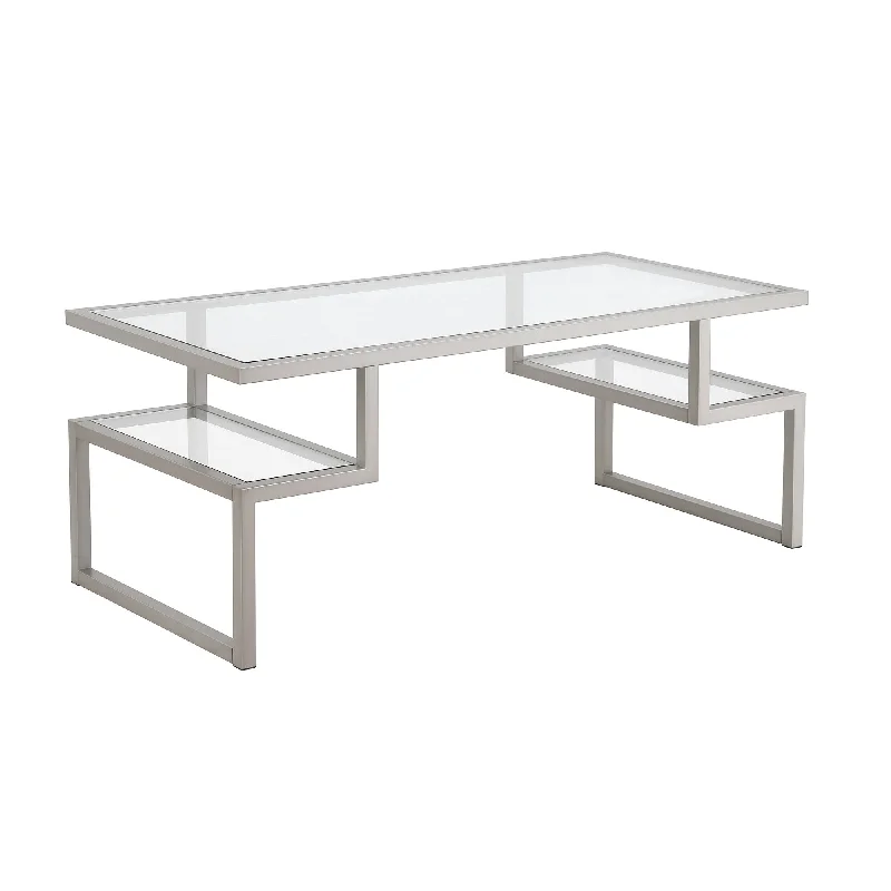 45" Silver Glass And Steel Coffee Table With Two Shelves