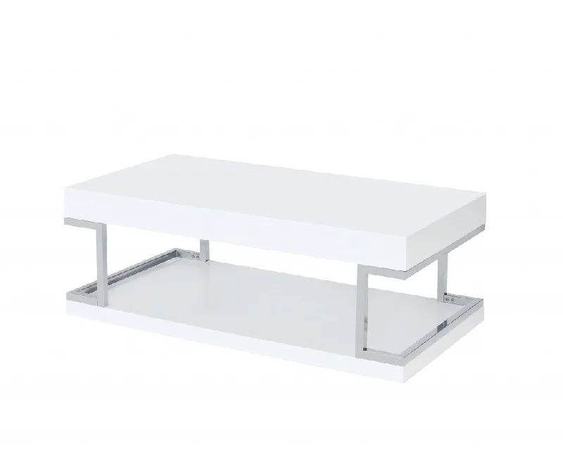 47" Chrome And White High Gloss Manufactured Wood And Metal Rectangular Coffee Table With Shelf