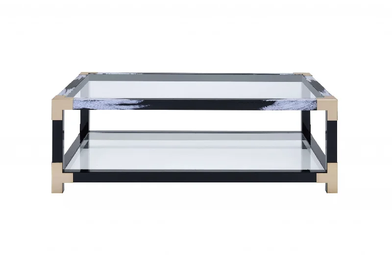 54" Clear And Black and White Glass And Metal Coffee Table With Shelf