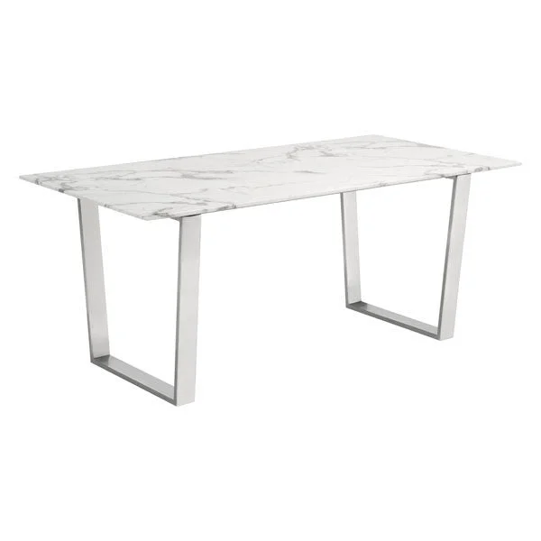 71" White And Silver Marble And Steel Sled Base Dining Table