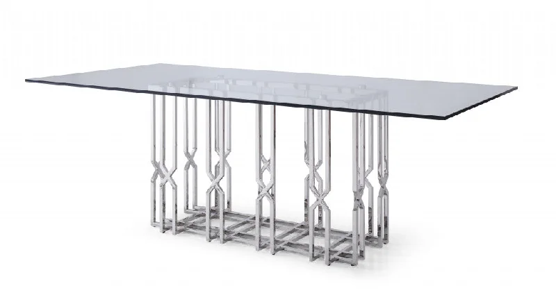 87" Clear And Silver Glass And Stainless Steel Pedestal Base Dining Table