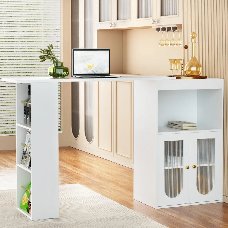 Bar Table Storage Cabinet Dining Wine Rack Desk Extendable - White