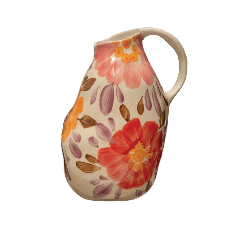 Creative Co-op - Hand-Painted Floral Stoneware Pitcher