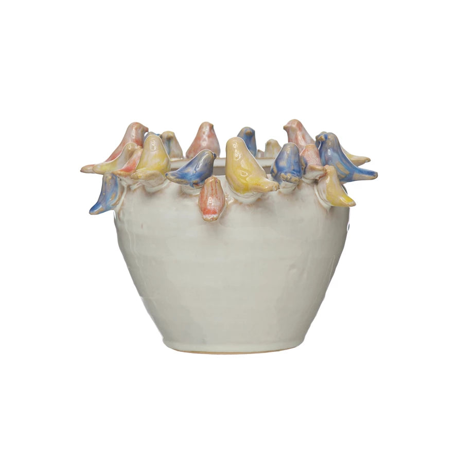 Creative Co-op - Stoneware Planter with Birds on Rim