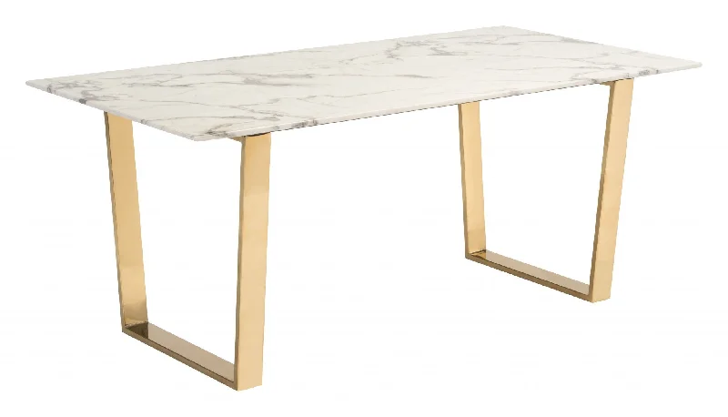 71" White And Gold Faux Marble And Steel Sled Base Dining Table