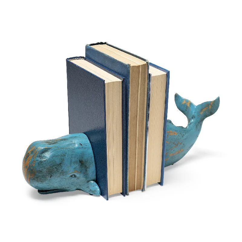 Set of Two Aqua Resin Whale Decorative Bookends