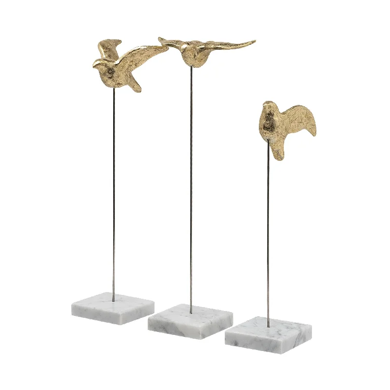 Set Of Three Gold Bird Sculptures