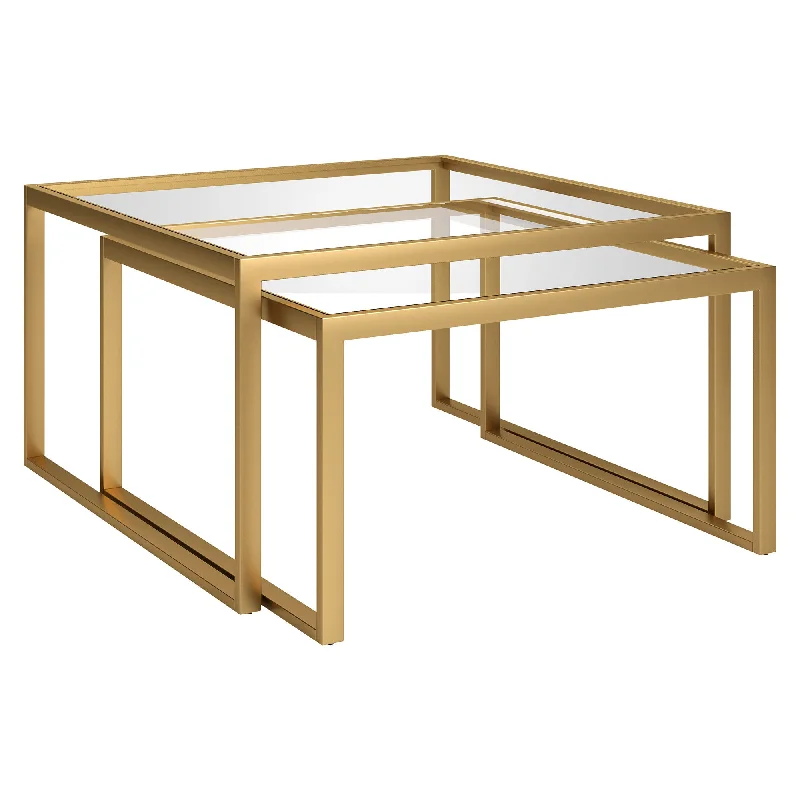 Set of Two 30" Gold Glass And Steel Square Nested Coffee Tables